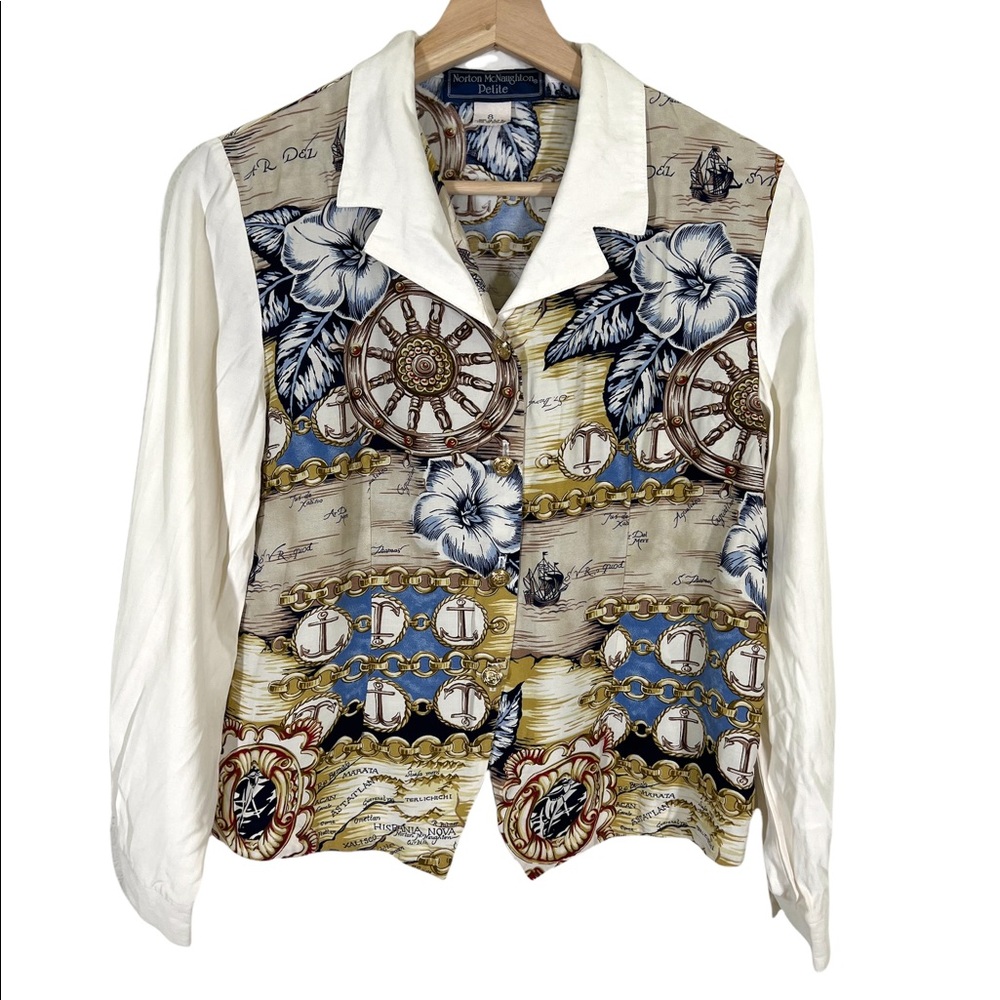 Vintage Norton McNaughton 8 Petite Nautical Print Blouse Pointed Hem 90s Anchors